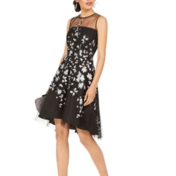 Sequined-Flower Illusion BlackSilver Dress - Sz: 8 - Picture 1 of 5